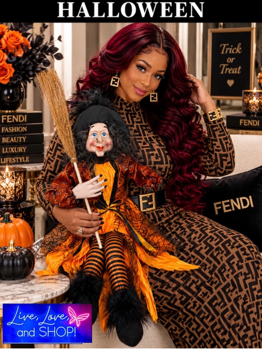 DECOR: Posable Orange & Black Halloween Witch with Striped Tights & Broom, NWT